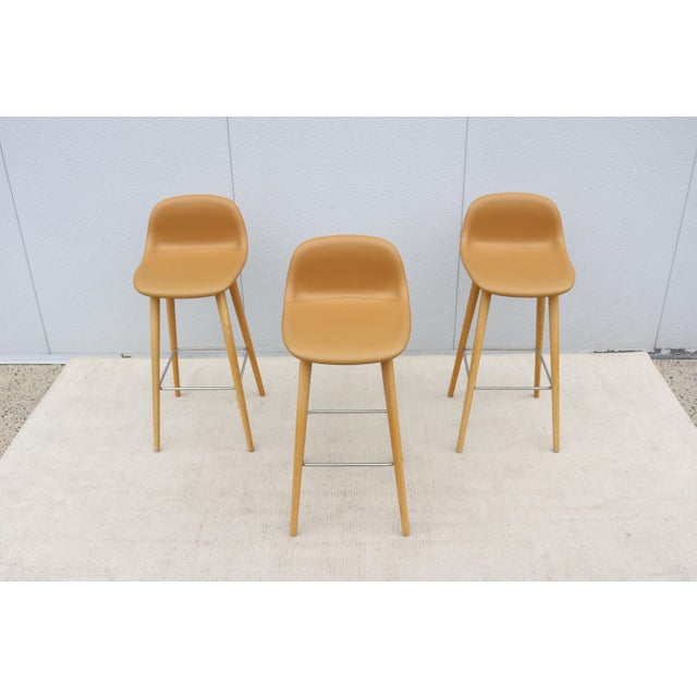 Mid-Century Modern Danish Iskos-Berlin for Muuto Brown Leather Fiber Bar Stools Oak Base - Set of 3 For Sale - Image 3 of 18