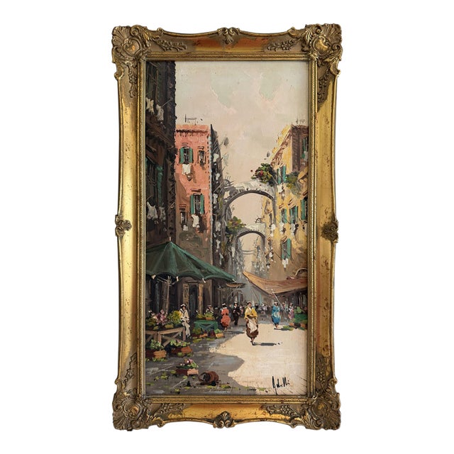 Antonio De Vity (1901-1993) Oil Painting Italian Street Market Scene Cityscape For Sale