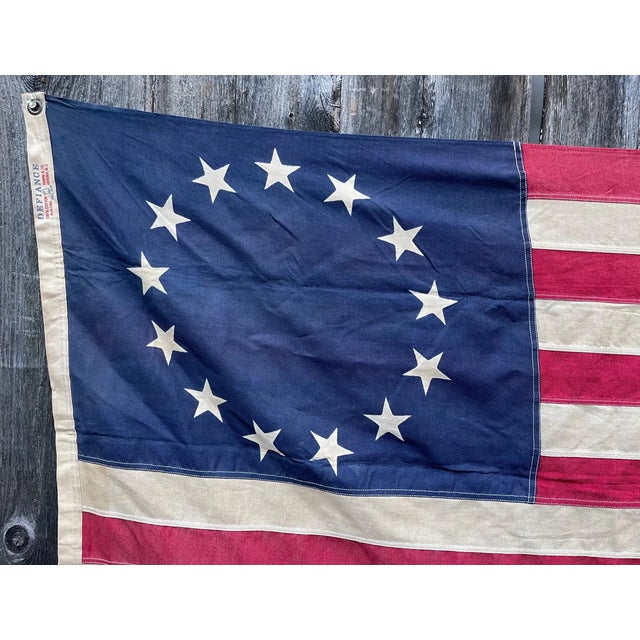American Real Vintage Betsy Ross American Revolutionary Flag 13 Stars Cotton 1976 With Beautiful Naturally Faded Patina and Wear. For Sale - Image 3 of 8