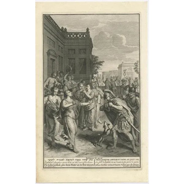 Antique religion print titled 'Jephthah's daughter meets him at the door of his house'. The story of Jephthah’s Daughter...