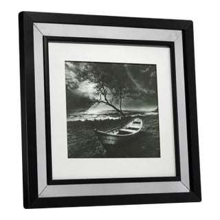 Framed Black and White Boat Photograph With Mirrored Frame For Sale