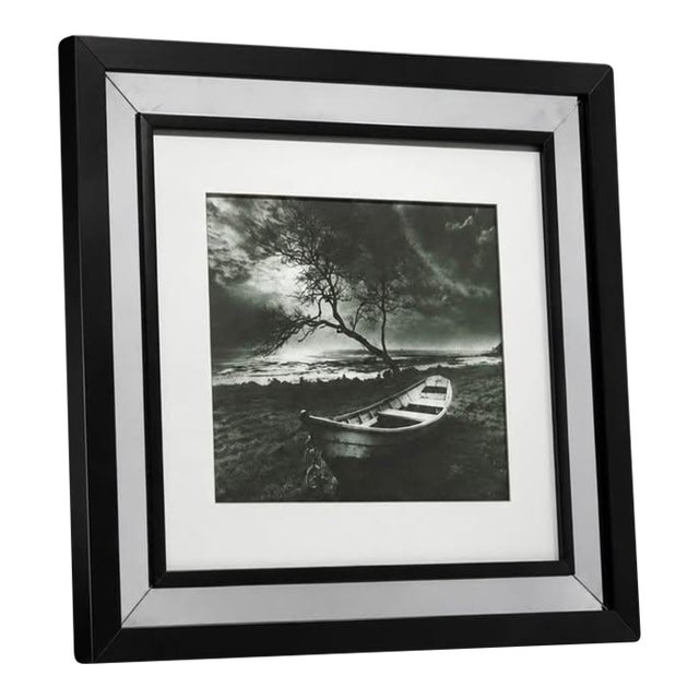 Framed Black and White Boat Photograph With Mirrored Frame For Sale