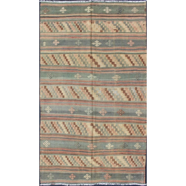 Vintage Turkish Kilim With Stripped Embroidery in Multi Warm Butter and Green For Sale - Image 13 of 13