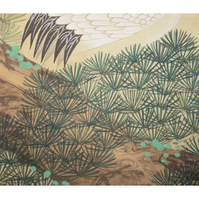 "Cranes and the Big Pine Tree", Showa Era Japanese Silk Scroll Painting For Sale - Image 9 of 17