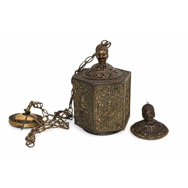 Antique Indian Goddess Pendant Light Lantern Copper Brass Filigree For Sale In Los Angeles - Image 6 of 14