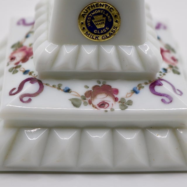 Mid-20th Century Westmoreland Hand-Painted Milk Glass "Roses & Bows" Candlestick Holders - A Pair For Sale - Image 9 of 10