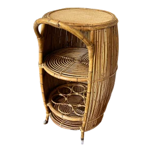 Italian Mid-Century Rattan and Bamboo Barrel-Shaped Bar Cart