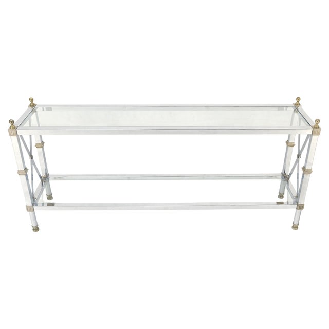 Two Tier Glass Shelves Chrome & Brass Rectangle 60" Long Italian Console Table