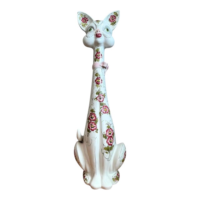 Vintage Italian Floral Hand-Painted Ceramic Cat For Sale