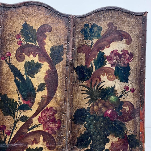 Antique French Hand-Painted Leather 4-Fold Room Divider Screen, 1890s For Sale - Image 5 of 10
