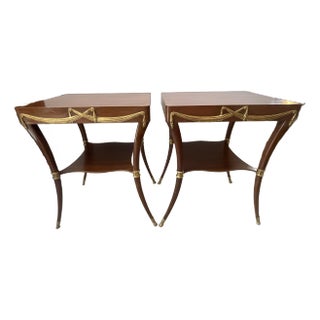Pair of Klismos Leg Side Tables, Tooled Leather & Gilt Wood Swags For Sale