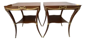 Pair of Klismos Leg Side Tables, Tooled Leather & Gilt Wood Swags