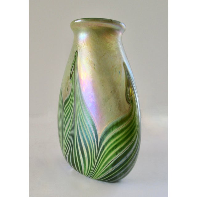 Asparagus A Vintage Art Nouveaux-Style, Signed Iridescent Thick and Solid "Feather," Vessel/ Vase For Sale - Image 8 of 18