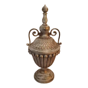 Vintage Vase/Urn With Distressed Weathered Finish and Metal Scroll Design