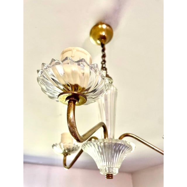Small Glass and Brass Chandelier, 1950 For Sale - Image 3 of 12