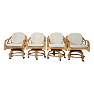 Late 20th Century Rattan Swivel Armchairs on Coasters- Set of 4 For Sale