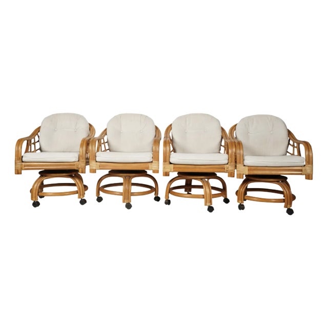 Late 20th Century Rattan Swivel Armchairs on Coasters- Set of 4 For Sale
