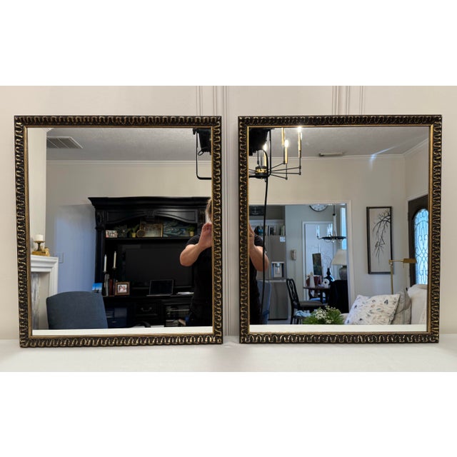 Vintage Rococo Revival Ebonized Black & Gold Square Wood Mirrors, a Pair For Sale - Image 4 of 9