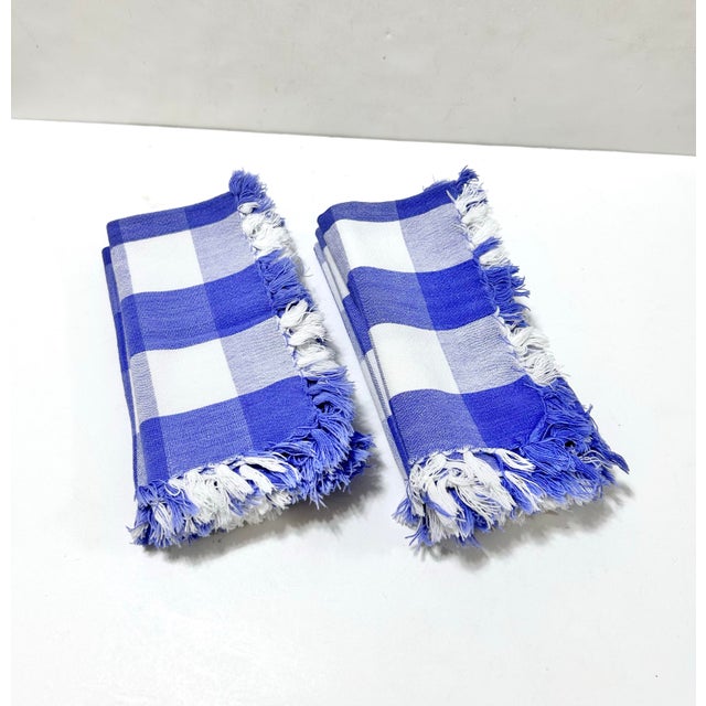 Farmhouse Vintage Blue & White Gingham Cotton Napkins With Fringe, Set of 6 For Sale - Image 3 of 8