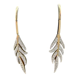 Diamond Leaf Dangle Earrings 14kt Yellow Gold 0.31ctw 2.1in 6.9g, Pair For Sale