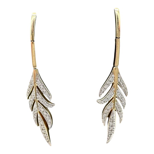 Diamond Leaf Dangle Earrings 14kt Yellow Gold 0.31ctw 2.1in 6.9g, Pair For Sale
