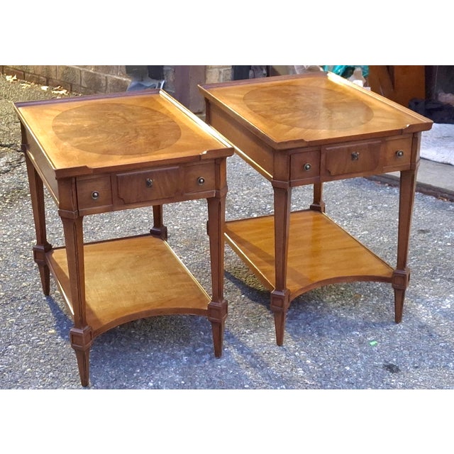 Mid 20th Century Pair John Widdicomb Walnut and Burl Single Drawer Tiered Side Tables For Sale - Image 11 of 18
