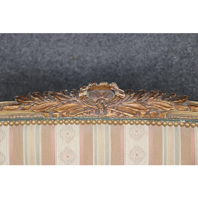Antique French Louis XVI Style Paint Decorated & Gilt Carved Settee For Sale - Image 9 of 13
