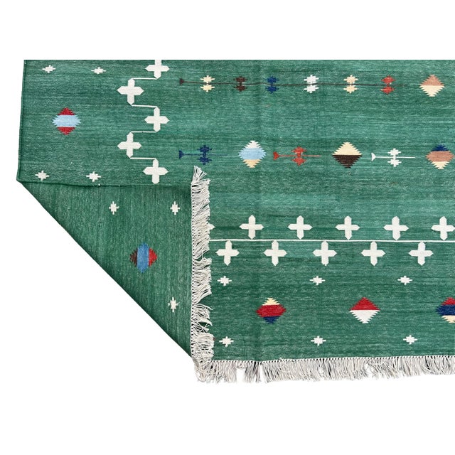 Handmade Cotton Area Rug, Vegetable Dyed, Forest Green Shooting Star Dhurrie -6'x9' For Sale - Image 14 of 14