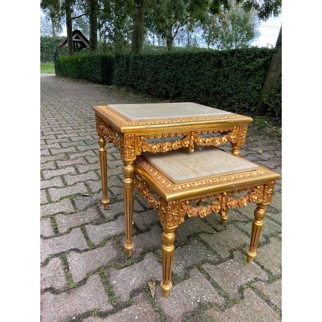French Late 20thC French Louis XVI Gold Beech Marble Nesting Tables - Pair For Sale - Image 3 of 18