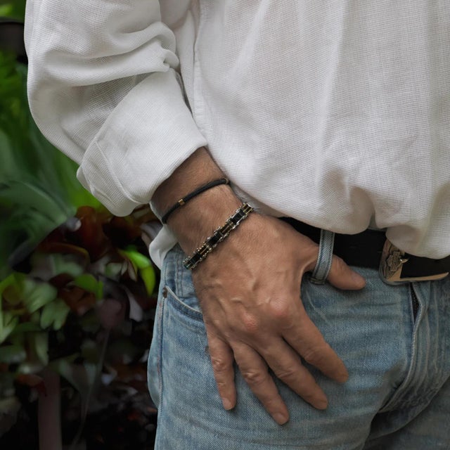 Men's Fashion Style Black Steel & Gold Bracelet For Sale - Image 4 of 6