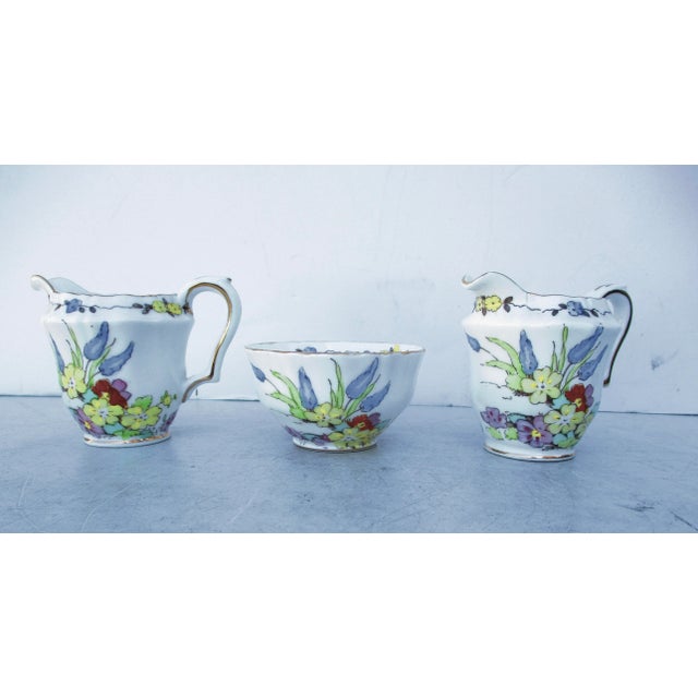 English 30s' Demitasse sugar bowl with two creamers. Setting to serve tea, and coffee with milk, cream, and sugar. Crown...