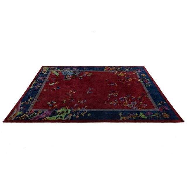 8 X 10 Antique Handmade Chinese Art Deco Wool Rug in Red With Traditional Design For Sale - Image 11 of 12