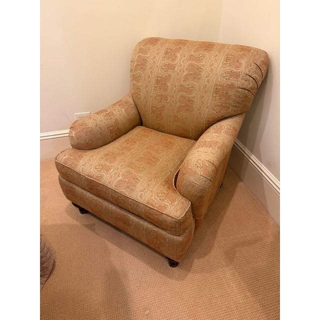 Traditional Custom Designer Upholstered Armchair – Neutral Paisley Fabric – Classic Rolled‑Arm Silhouette For Sale - Image 3 of 6