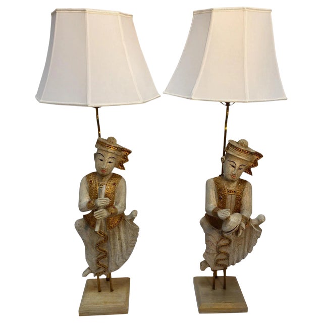 Mid 20th Century Thai Figures of Siamese Musicians Turned Into Table Lamps - a Pair For Sale