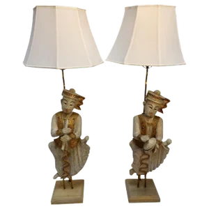 Mid 20th Century Thai Figures of Siamese Musicians Turned Into Table Lamps - a Pair