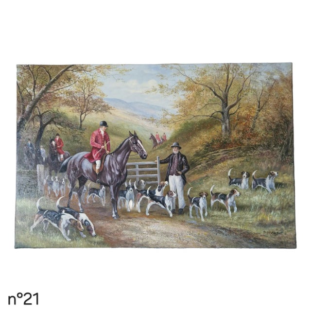 Original oil on canvas by H. Verdus, depicting a traditional English hunt scene with riders in red coats, a mounted...
