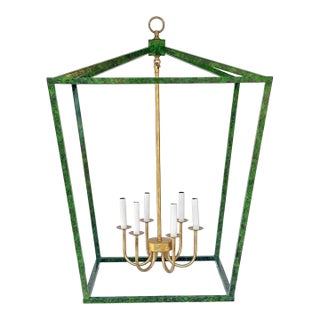 Contemporary Tony Duquette Style Faux Malachite and Hand Gilt Lantern Chandelier by Turtle and Crane - Newly Painted For Sale