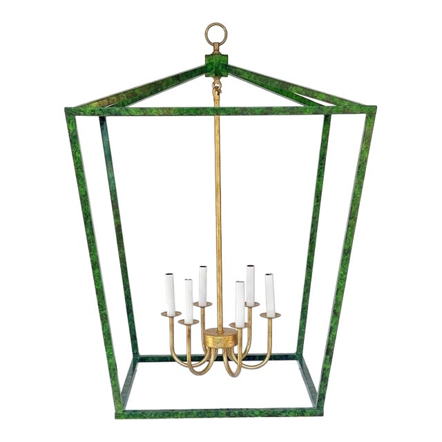 Contemporary Tony Duquette Style Faux Malachite and Hand Gilt Lantern Chandelier by Turtle and Crane - Newly Painted For Sale