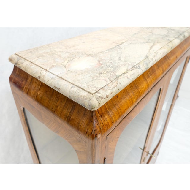 1940s Double Glass Doors French Inlayed Marble Top Curio Cabinet Book Case For Sale - Image 5 of 12