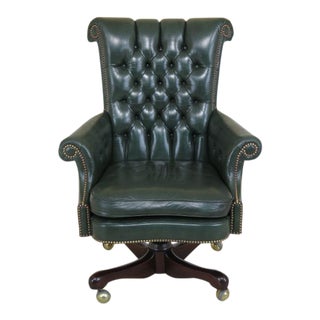 Kittinger Tufted Green Leather Office Chair For Sale