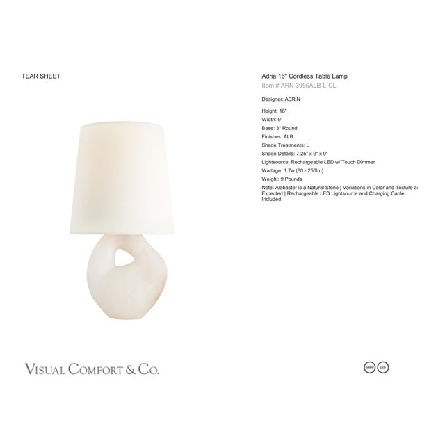 AERIN by Visual Comfort Signature Adria 16" Cordless Table Lamp in Alabaster with Linen Shade Designer: AERIN Height: 16"...