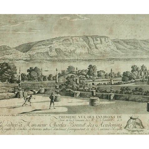 Classic c1780 engraving of topiary gardens overlooking Geneve Switz from a Newport, RI estate in a gilt wood period...