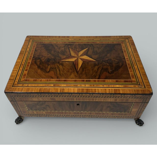 A Superb Example of an English Georgian style well figured Burr Walnut and Marquetry Jewellery Casket of rectangular form,...