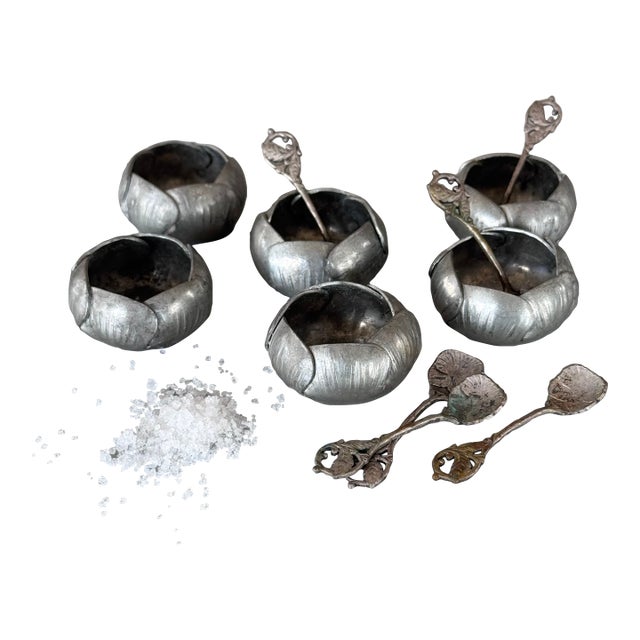 1920s Art Deco French A. E. Chanal Pewter Salt Cellars - Set of 6 For Sale