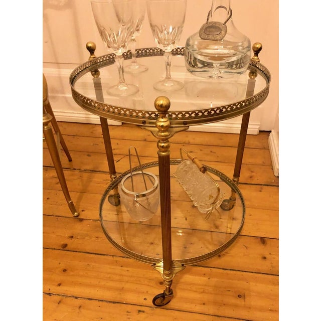 Antique Style Round Brass Bar Cart with Smoked Glass Tops, 1950s For Sale - Image 3 of 15