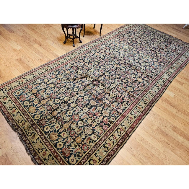 Navy Blue Antique Karabagh Gallery Rug, Hand-Knotted Wool, Allover Geometric Pattern, Navy & Tan, 7' X 14' For Sale - Image 8 of 17