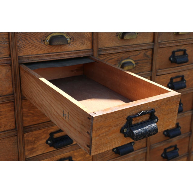 Brown Antique 60-Drawer Solid Oak Apothecary Cabinet | Ventura County Workshop Cabinet For Sale - Image 8 of 18