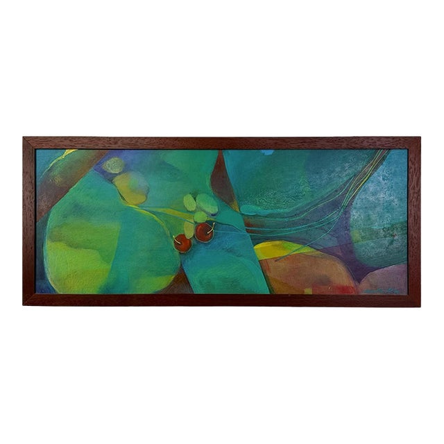 Late 20th Century Framed Original Abstract Acrylic Painting Teal Green Still Life Art, Wood Frame For Sale