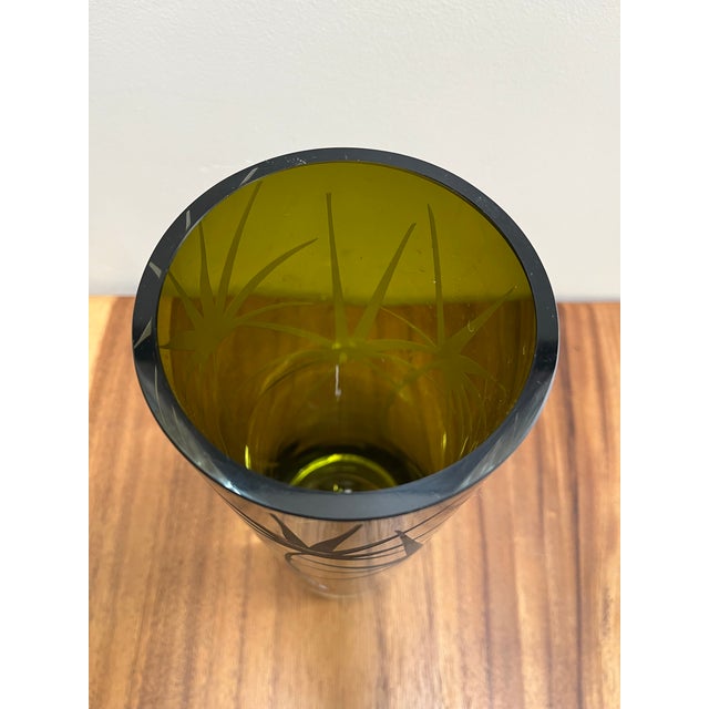 Late 20th Century Olive Leaf Design Organic Modern Hand Cut Cylinder Vase With With Artist Mark For Sale - Image 5 of 7