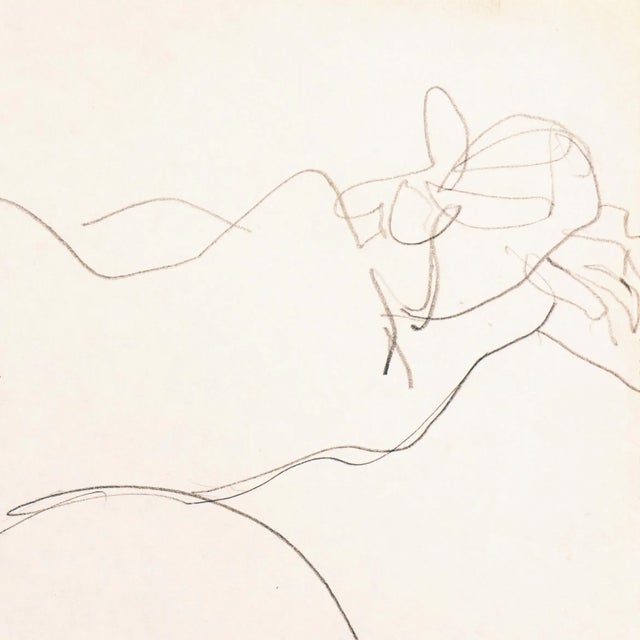 A figural pencil drawing of a young woman shown reclining on a bed. Created by Victor Di Gesu (American, 1914-1988) circa...